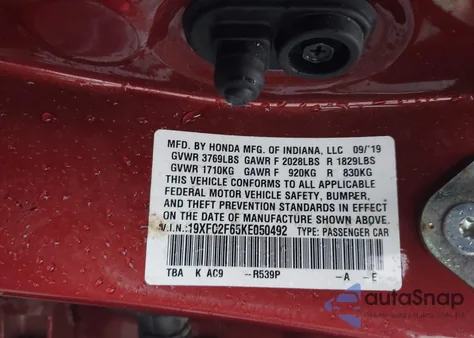 2019 Honda Civic Lx из США, поврежденный, VIN 19XFC2F65KE050492